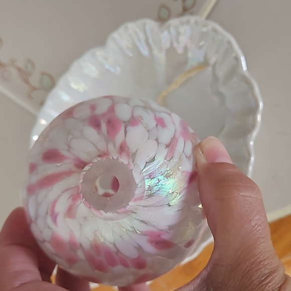 Set handblown Mottled Iridescent Round Glass Oil Lamp & irred. underplate - Picture 4 of 9